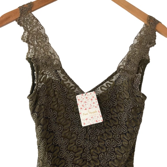 FREE PEOPLE | NWT Foiled Again Olive Lace Bodycon Open Back Boho Mini Dress | S - Picture 7 of 10